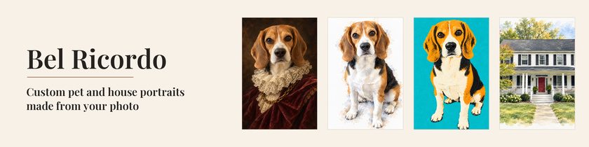 Sample portraits: a beagle as a royal oil portrait, in watercolor and in pop color, next to a watercolor of a white house with a red door
