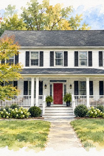 Sample watercolor portrait of a white two-story house with a red front door and a porch