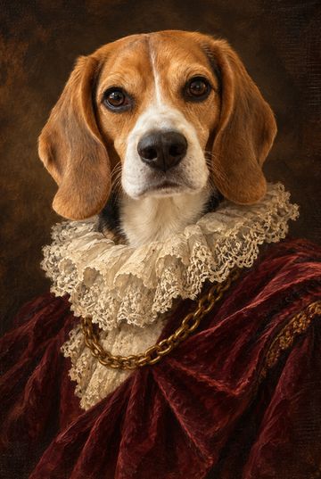Sample royal oil portrait of a beagle in a velvet cloak and lace collar