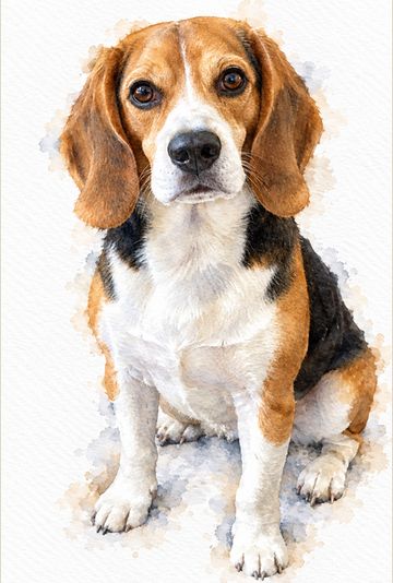 Sample watercolor portrait of a beagle sitting on white paper